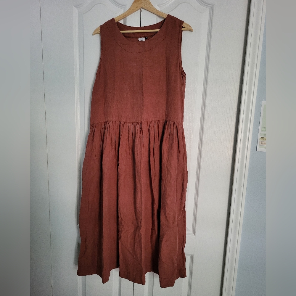 LenOk Linen Smock Dress in Spice Red Size Small Oversized